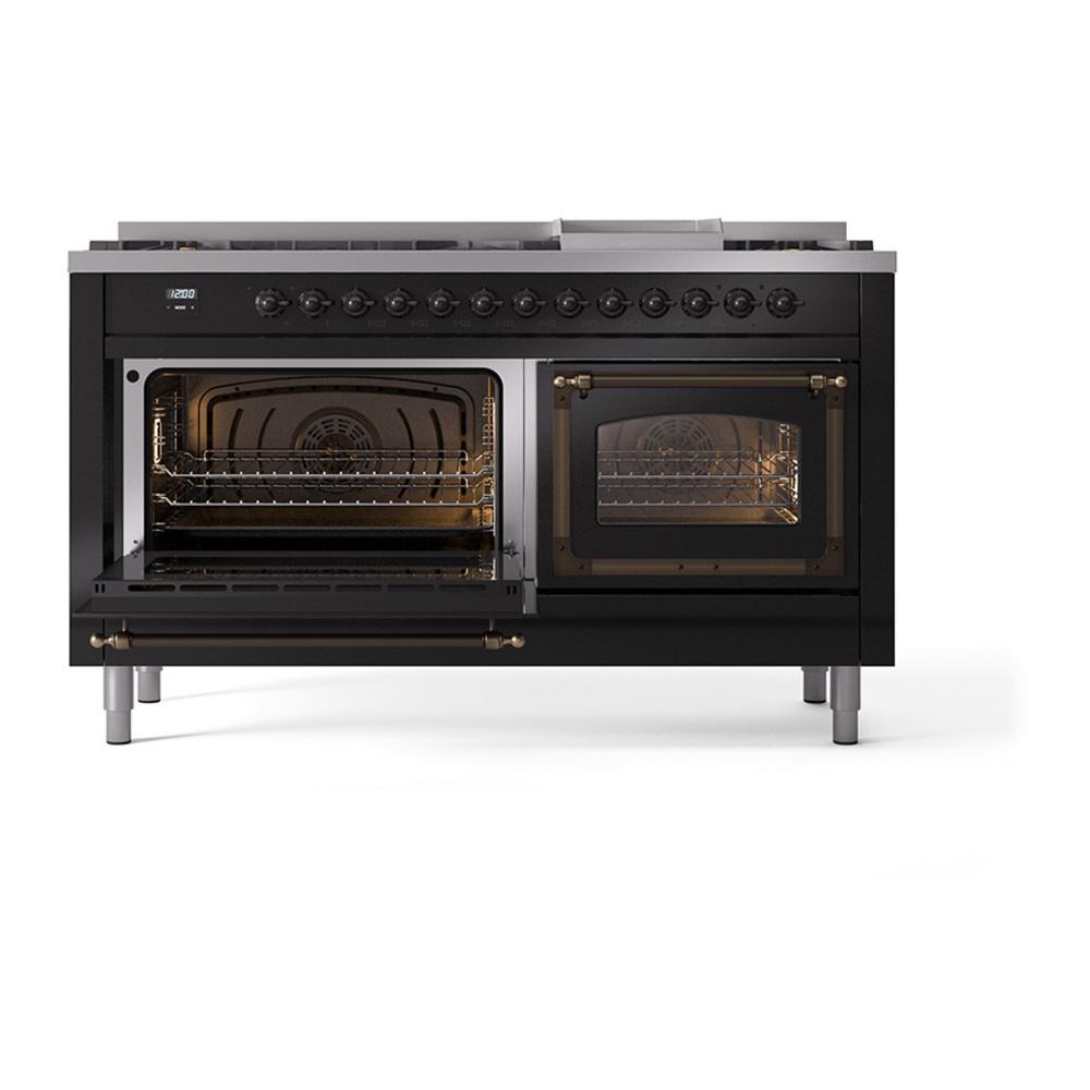 ILVE UN60FNMPBKB Nostalgie II Noblesse 60 inch Dual Fuel Range (9 Sealed Burners + Griddle, Natural Gas, Triple Glass Door, Glossy Black, Burnished)