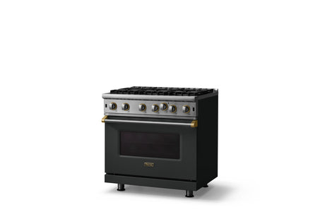 36"W. Open Burner Gas Range (Finish: Antique Bronze, Trim: Brushed Brass, Fuel: Natural Gas)