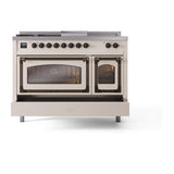 ILVE UN48FSNMPAWBLP Nostalgie II Noblesse 48 inch Dual Fuel Range (5 Sealed Burners + Griddle + French Top, Liquid Propane, Triple Glass Door, Antique White, Burnished)