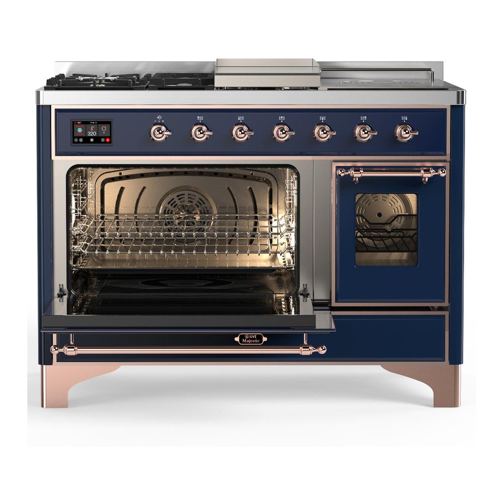 ILVE UM48FSNR3MBPLP Majestic III 48 inch Dual Fuel Range with 5 Black Brass Burners, Griddle and French Top, Dual Function Burner up to 25,000 BTU (Liquid Propane, Triple Glass Door, Midnight Blue, Copper)
