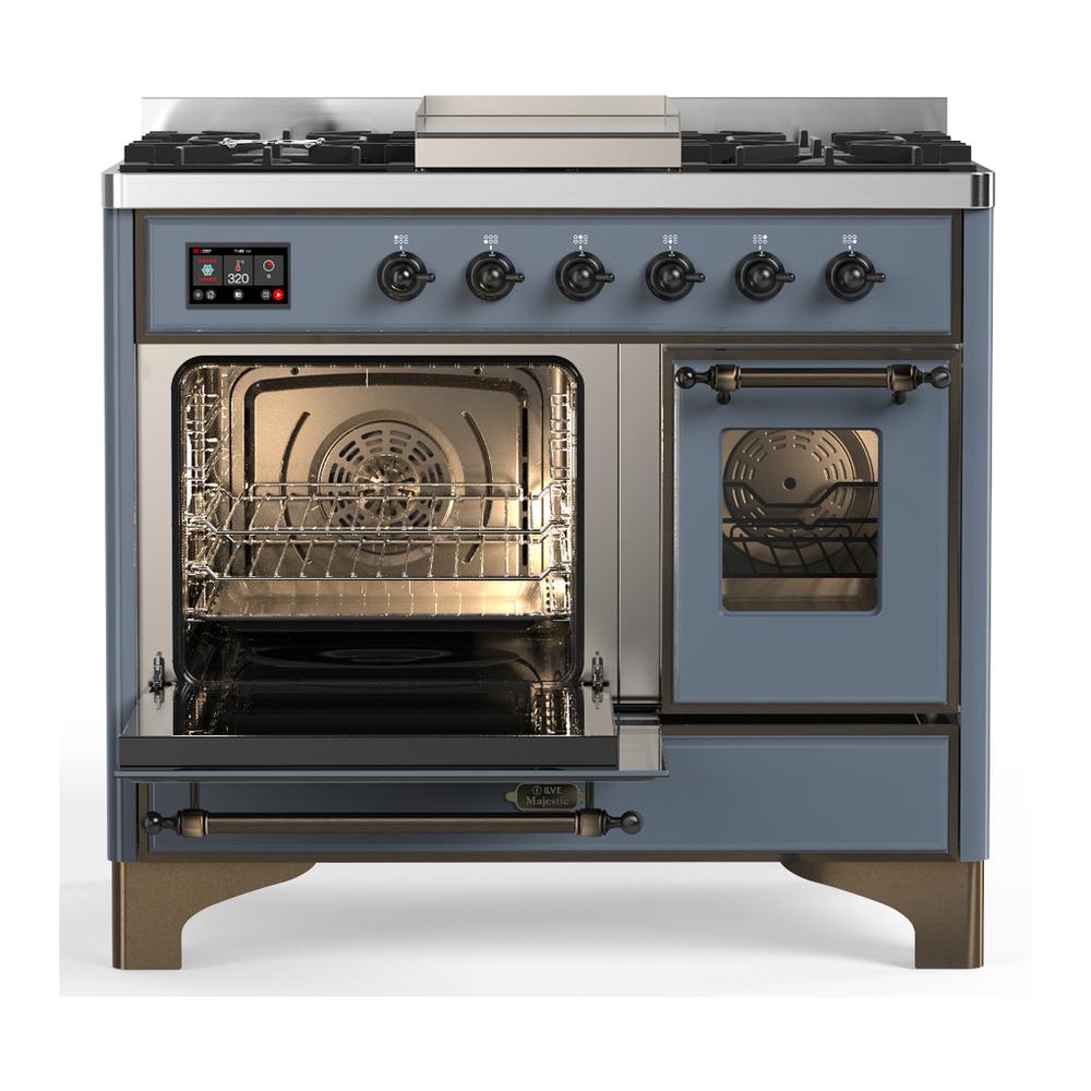 ILVE UMD40FNR3BGB Majestic III 40 inch Dual Fuel Range with 6 Burners and Griddle, Dual Function Burner up to 25,000 BTU (Natural Gas, Triple Glass Door, Blue Grey, Burnished)
