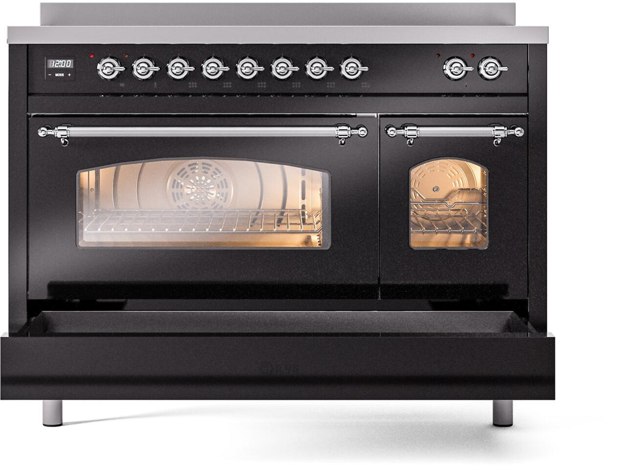 Nostalgie II 48 Inch Electric Freestanding Range in Glossy Black with Chrome Trim