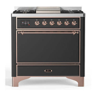 ILVE UM36FQNR3MGPLP Majestic III 36 inch Dual Fuel Range with 6 Black Brass Burners and Griddle, Dual Function Burner up to 25,000 BTU (Solid Door, Graphite Matte, Copper, Liquid Propane)