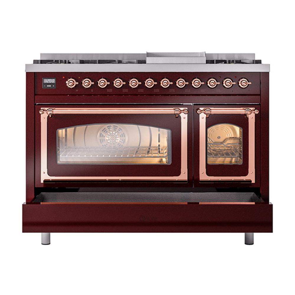 ILVE UN48FNMPBUP Nostalgie II Noblesse 48 inch Dual Fuel Range (8 Sealed Burners + Griddle, Natural Gas, Triple Glass Door, Burgundy, Copper)
