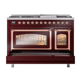 ILVE UN48FNMPBUP Nostalgie II Noblesse 48 inch Dual Fuel Range (8 Sealed Burners + Griddle, Natural Gas, Triple Glass Door, Burgundy, Copper)