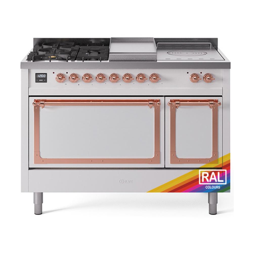 ILVE UN48FSQNMPRAPLP Nostalgie II Noblesse 48 inch Dual Fuel Range (5 Sealed Burners + Griddle + French Top, Liquid Propane, Solid Door, RAL, Copper)