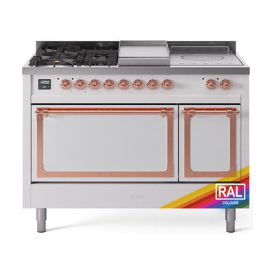 ILVE UN48FSQNMPRAPLP Nostalgie II Noblesse 48 inch Dual Fuel Range (5 Sealed Burners + Griddle + French Top, Liquid Propane, Solid Door, RAL, Copper)