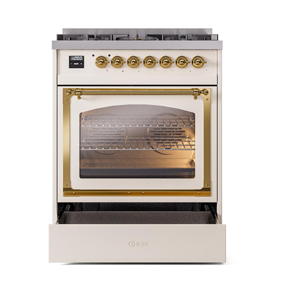 ILVE UN30NMPAWG Nostalgie II Noblesse 30 inch Dual Fuel Range (Natural Gas, Triple Glass Door, Antique White, Brass)