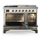 ILVE UM48FSNR3AWBLP Majestic III 48 inch Dual Fuel Range with 5 Black Brass Burners, Griddle and French Top, Dual Function Burner up to 25,000 BTU (Liquid Propane, Triple Glass Door, Antique White, Burnished)