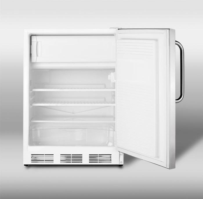 Freestanding refrigerator-freezer with cycle defrost, white cabinet, stainless steel door, and towel bar handle