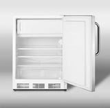 Freestanding refrigerator-freezer with cycle defrost, white cabinet, stainless steel door, and towel bar handle