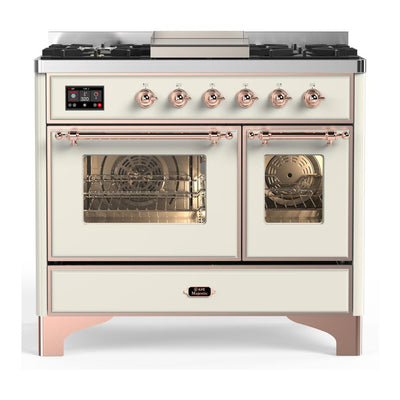 ILVE UMD40FNR3AWPLP Majestic III 40 inch Dual Fuel Range with 6 Burners and Griddle, Dual Function Burner up to 25,000 BTU (Liquid Propane, Triple Glass Door, Antique White, Copper)
