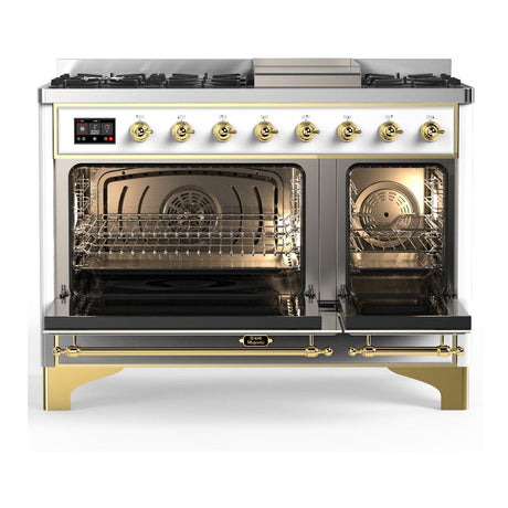 ILVE UM48FNR3WHG Majestic III 48 inch Dual Fuel Range with 8 Burners and Griddle, Dual Function Burner up to 25,000 BTU (Natural Gas, Triple Glass Door, White, Brass)