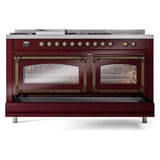 ILVE UN60FSNMPBUB Nostalgie II Noblesse 60 inch Dual Fuel Range (7 Sealed Burners + Griddle + French Top, Natural Gas, Triple Glass Door, Burgundy, Burnished)