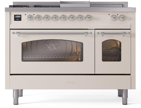 Nostalgie II 48 Inch Dual Fuel Liquid Propane Freestanding Range in Antique White with Chrome Trim