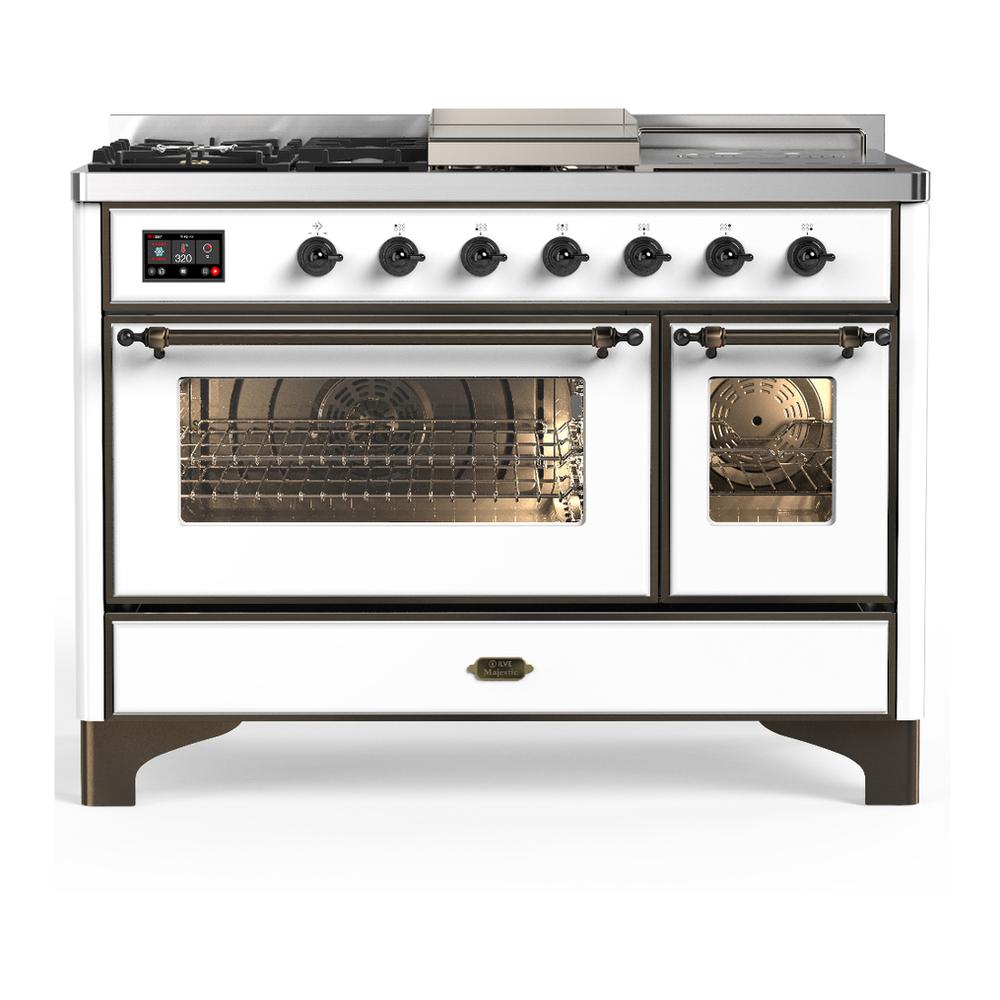 ILVE UM48FSNR3WHB Majestic III 48 inch Dual Fuel Range with 5 Black Brass Burners, Griddle and French Top, Dual Function Burner up to 25,000 BTU (Natural Gas, Triple Glass Door, White, Burnished)