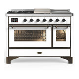 ILVE UM48FSNR3WHB Majestic III 48 inch Dual Fuel Range with 5 Black Brass Burners, Griddle and French Top, Dual Function Burner up to 25,000 BTU (Natural Gas, Triple Glass Door, White, Burnished)