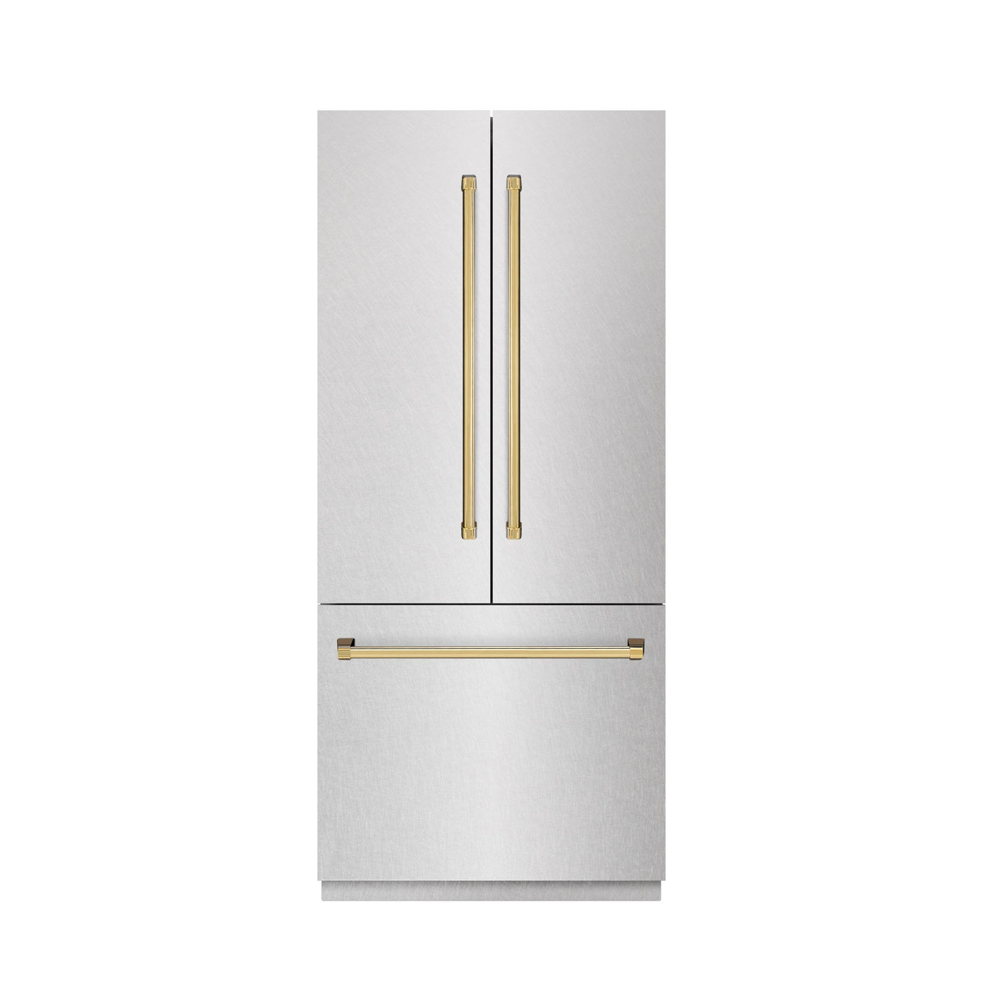ZLINE Autograph Edition 36 in. 19.6 cu. ft. French Door Built-In Bottom Freezer Refrigerator with Water Dispenser and Ice Maker in DuraSnow' Stainless Steel with Graphite Gray Interior and Polished Gold Accents (GRBIVZ-SN-36-G)