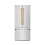 ZLINE Autograph Edition 36 in. 19.6 cu. ft. French Door Built-In Bottom Freezer Refrigerator with Water Dispenser and Ice Maker in DuraSnow' Stainless Steel with Graphite Gray Interior and Polished Gold Accents (GRBIVZ-SN-36-G)