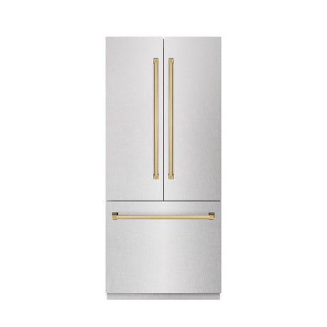 ZLINE Autograph Edition 36 in. 19.6 cu. ft. French Door Built-In Bottom Freezer Refrigerator with Water Dispenser and Ice Maker in DuraSnow' Stainless Steel with Graphite Gray Interior and Polished Gold Accents (GRBIVZ-SN-36-G)