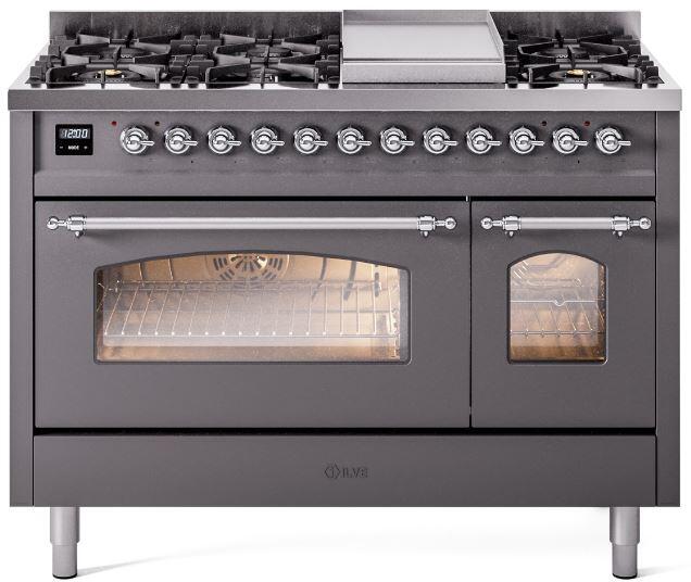 Nostalgie II 48 Inch Dual Fuel Natural Gas Freestanding Range in Matte Graphite with Chrome Trim
