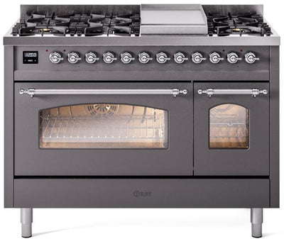 Nostalgie II 48 Inch Dual Fuel Natural Gas Freestanding Range in Matte Graphite with Chrome Trim