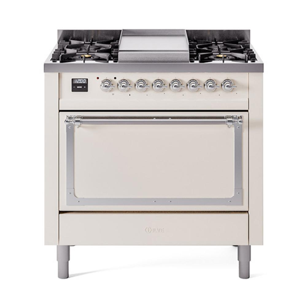 ILVE UN36FQNMPAWC Nostalgie II Noblesse 36 inch Dual Fuel Range (Natural Gas, Solid Door, Antique White, Chrome)