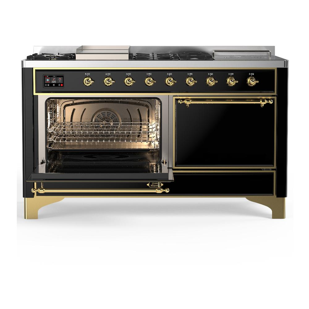 ILVE UM60FSQNR3BKGLP Majestic III 60 inch Dual Fuel Range with 7 Burners, Griddle and French Top, Dual Function Burner with up to 25,000 BTU (Liquid Propane, Solid Door, Glossy Black, Brass)