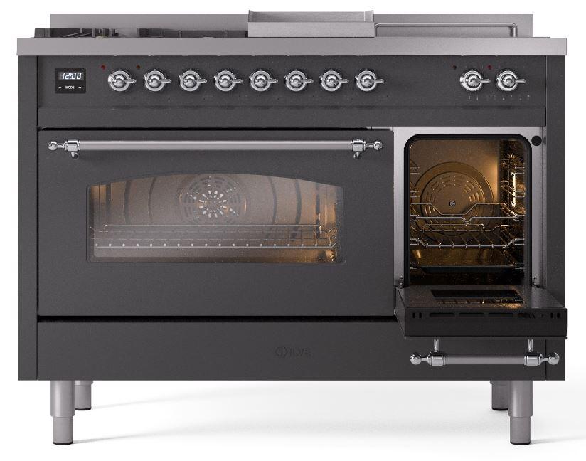 Nostalgie II 48 Inch Dual Fuel Natural Gas Freestanding Range in Matte Graphite with Chrome Trim