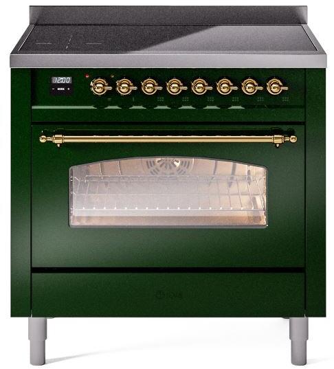 Nostalgie II 36 Inch Electric Freestanding Range in Emerald Green with Brass Trim
