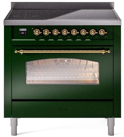 Nostalgie II 36 Inch Electric Freestanding Range in Emerald Green with Brass Trim
