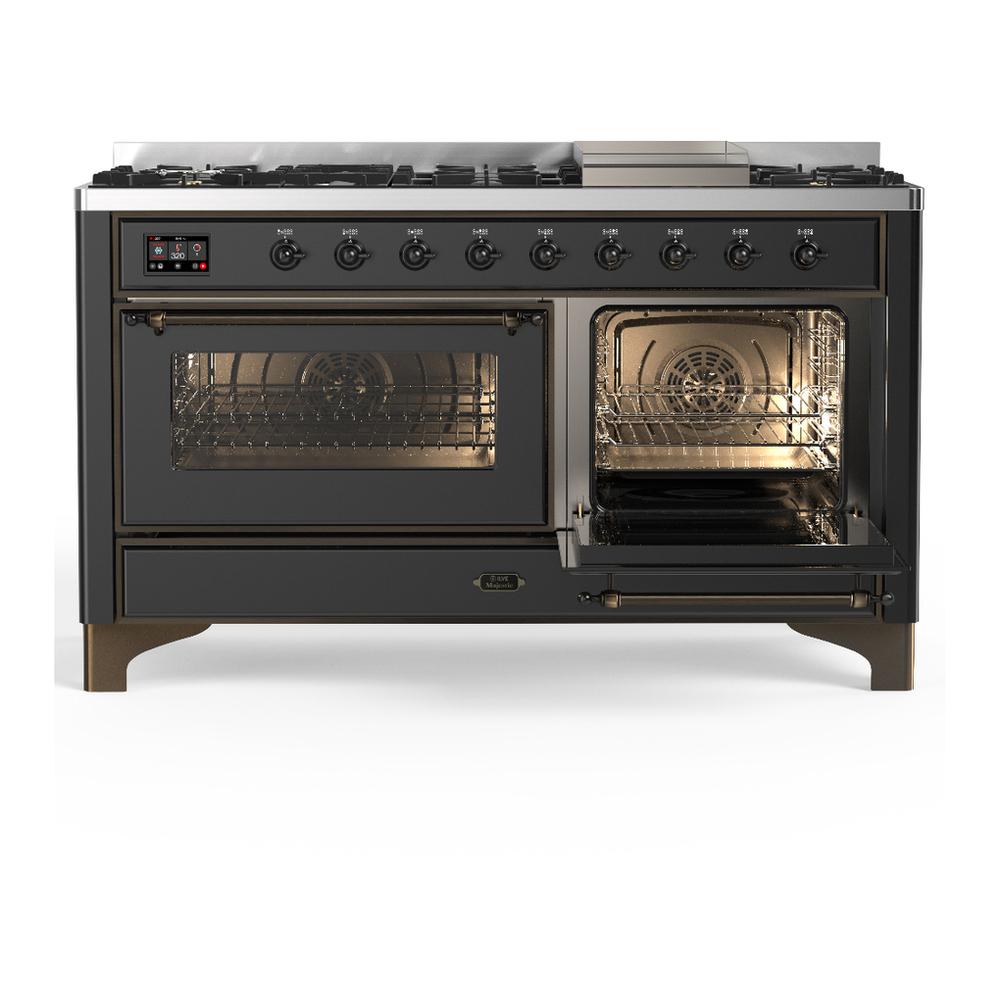ILVE UM60FNR3MGBLP Majestic III 60 inch Dual Fuel Range with 9 Burners and Griddle, Dual Function Burner up to 25,000 BTU (Liquid Propane, Triple Glass Door, Graphite Matte, Burnished)
