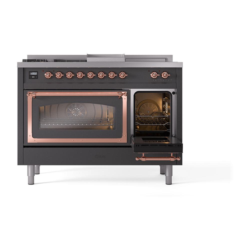 ILVE UN48FSNMPMGPLP Nostalgie II Noblesse 48 inch Dual Fuel Range (5 Sealed Burners + Griddle + French Top, Liquid Propane, Triple Glass Door, Graphite Matte, Copper)