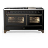 ILVE UM60FNR3BKBLP Majestic III 60 inch Dual Fuel Range with 9 Burners and Griddle, Dual Function Burner up to 25,000 BTU (Liquid Propane, Triple Glass Door, Glossy Black, Burnished)