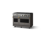 48"W. Open Burner Gas Range (Finish: Damascus Gray, Trim: Brushed Brass, Fuel: Natural Gas)