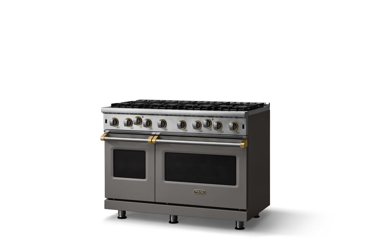 48"W. Open Burner Gas Range (Finish: Damascus Gray, Trim: Brushed Brass, Fuel: Propane)