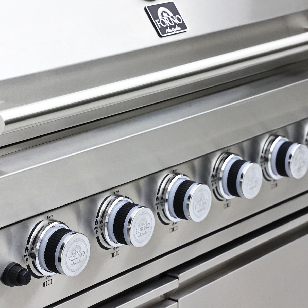 FORNO Bulnes 40-Inch BBQ, 95,000 BTU, 5 Burners, Sear & Rotisserie Infrared with Side Burner, Stainless Steel Outdoor Kitchen with 1.8 cu.ft. Beverage Center & White Sintered Stone Countertops