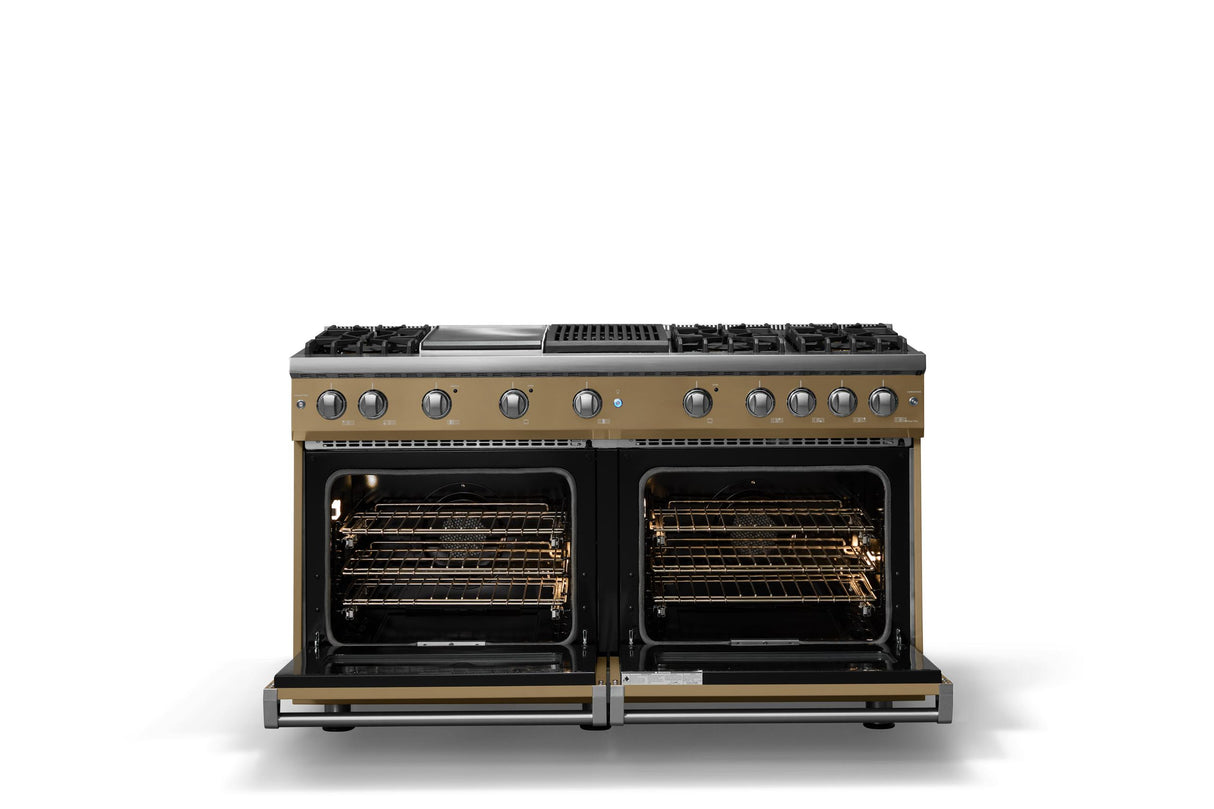 60"W. Sealed Burner Gas Range (Finish: Golden Hour, Trim: Polished Chrome, Fuel: Natural Gas)