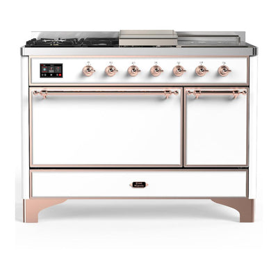 ILVE UM48FSQNR3WHP Majestic III 48 inch Dual Fuel Range with 5 Black Brass Burners, Griddle and French Top, Dual Function Burner up to 25,000 BTU (Natural Gas, Solid Door, White, Copper)