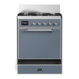 ILVE UM30QNR3BGC Majestic III 30 inch Dual Fuel Range with 5 Black Brass Burners, Dual Function Burner up to 25,000 BTU (Natural Gas, Solid Door, Blue Grey, Chrome)