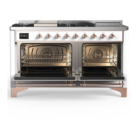 ILVE UM60FSNR3WHP Majestic III 60 inch Dual Fuel Range with 7 Burners, Griddle and French Top, Dual Function Burner with up to 25,000 BTU (Natural Gas, Triple Glass Door, White, Copper)