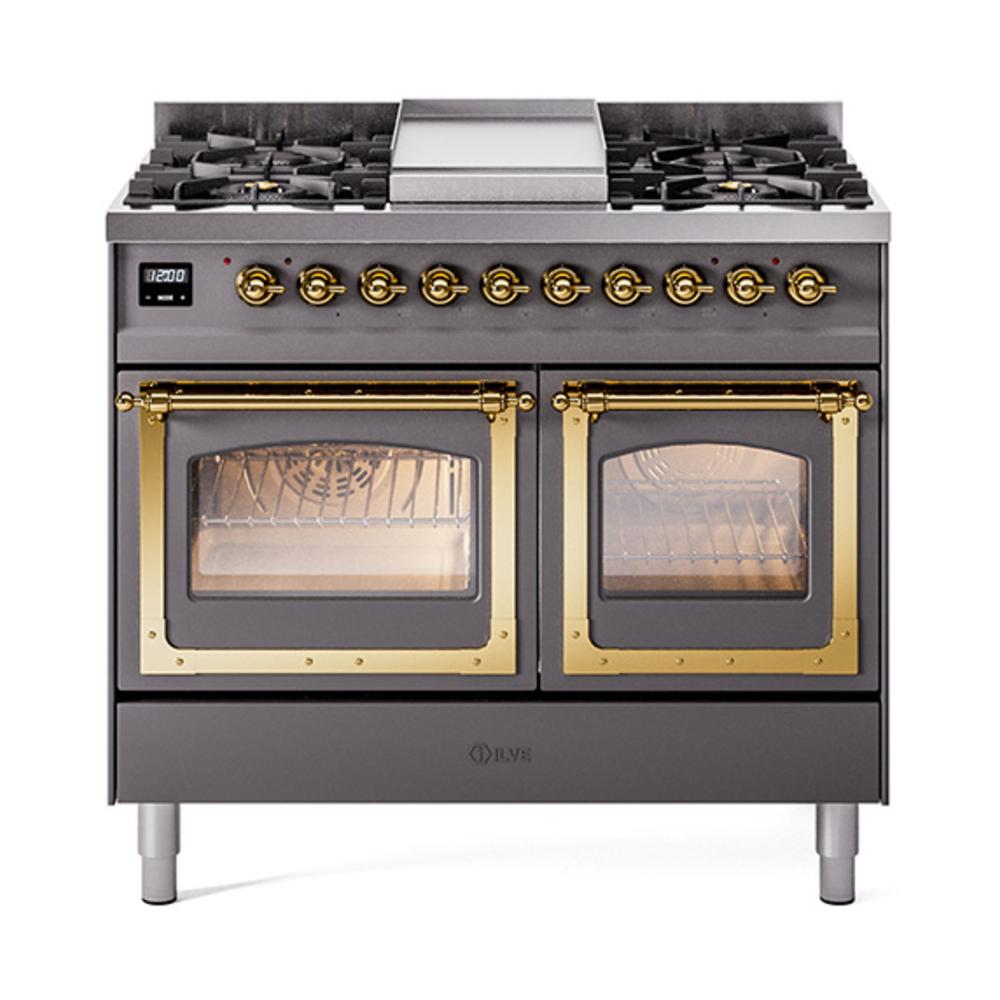 ILVE UND40FNMPMGGLP Nostalgie II Noblesse 40 inch Dual Fuel Range (Liquid Propane, Triple Glass Door, Graphite Matte, Brass)