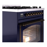 ILVE UN30NMPMBB Nostalgie II Noblesse 30 inch Dual Fuel Range (Natural Gas, Triple Glass Door, Midnight Blue, Burnished)