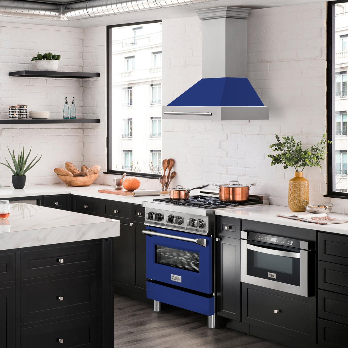 ZLINE 30 in. Stainless Steel Range Hood with Colored Shell Options and Stainless Steel Handle (8654STX-30) [Color: Blue Gloss]