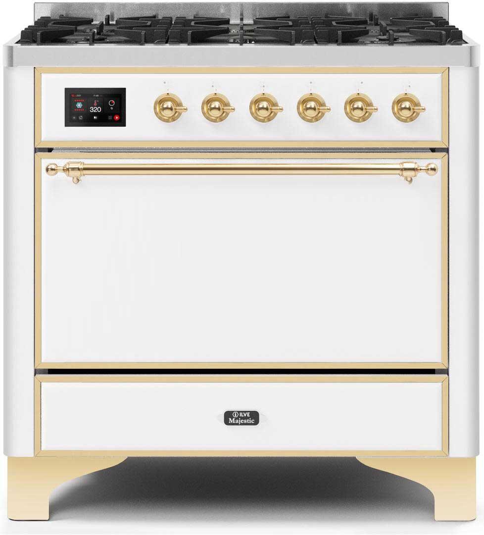 Majestic II 36 Inch Dual Fuel Natural Gas Freestanding Range in White with Brass Trim