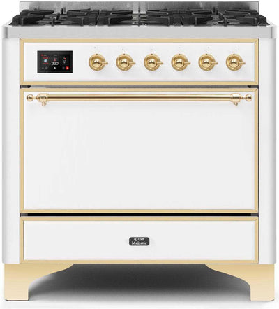 Majestic II 36 Inch Dual Fuel Natural Gas Freestanding Range in White with Brass Trim