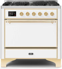 Majestic II 36 Inch Dual Fuel Natural Gas Freestanding Range in White with Brass Trim