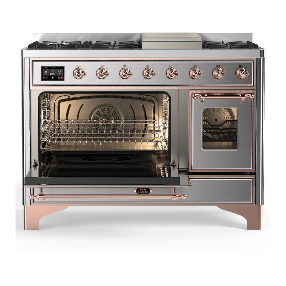 ILVE UM48FNR3SSP Majestic III 48 inch Dual Fuel Range with 8 Burners and Griddle, Dual Function Burner up to 25,000 BTU (Natural Gas, Triple Glass Door, Stainless Steel, Copper)