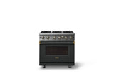 36"W. Open Burner Gas Range (Finish: Antique Bronze, Trim: Brushed Brass, Fuel: Natural Gas)