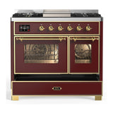 ILVE UMD40FNR3BUG Majestic III 40 inch Dual Fuel Range with 6 Burners and Griddle, Dual Function Burner up to 25,000 BTU (Natural Gas, Triple Glass Door, Burgundy, Brass)